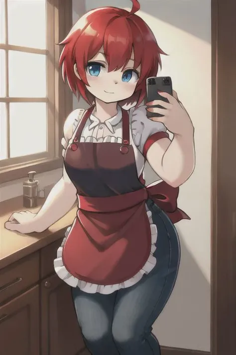 red hair, blue eyes, human girl, wearing an apron and jeans only, holding a phone, selfie