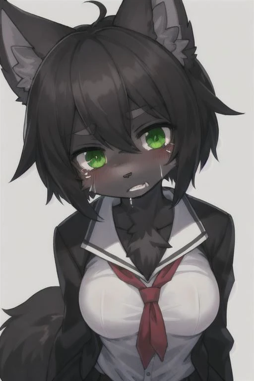 girl, small, Fluffy black fur, jackal, Humanity, thin, cover the nipples with tape,