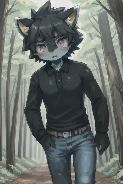 purple eyes, human boy, wearing a polo and jeans, running in the forest, feeling panic,body become like luxray, shocked face