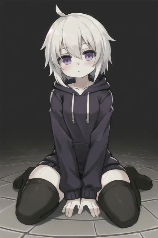 white hair, purple eyes, human girl, wearing a hoddie and stocking, kneeling on the ground