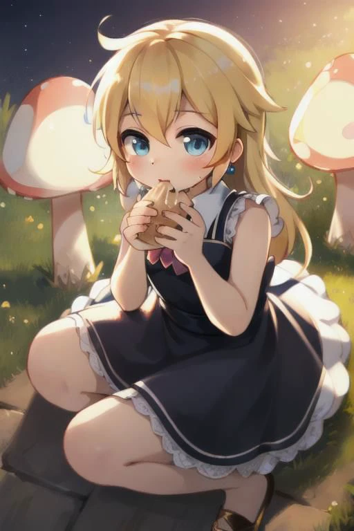 Peach_SMP, blonde hair, blue eyes, wear dress, eatting mushroom