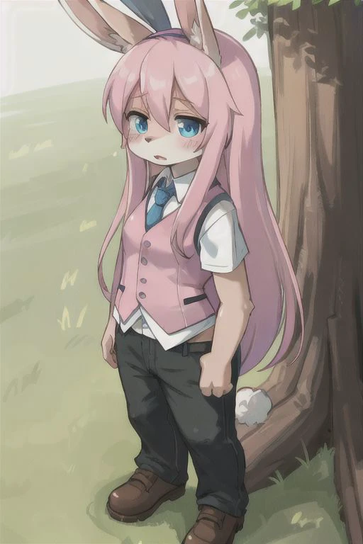 pink long hair, blue eyes, human girl, wearing a shirt with vest and pants, standing beside the grass, skin becomes pink and furry, rabbit ears, shocked face