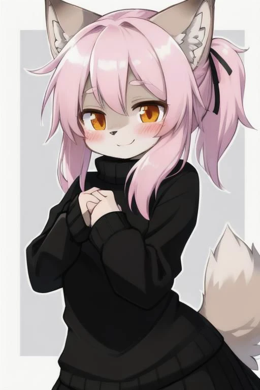 pink ponytail, orange eyes, wolf, wearing sweater and dress, shocking face, brown wolf ears, blushing, skin become furry, brown skin, smile