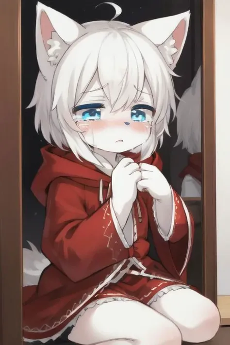 white hair, blue eyes, human boy, wear little Red Riding Hood costume, siting in front of mirror, panic face, skin become furry, white skin, wolf ears, blushing, crying