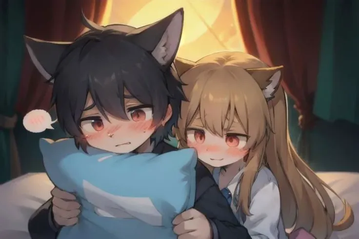 Furry, (girl:1.5), boy, boy behind girl, pillow hug, lying, on stomach, (from behind:1.6), (spoken blush:1.4), embarassed, scared face