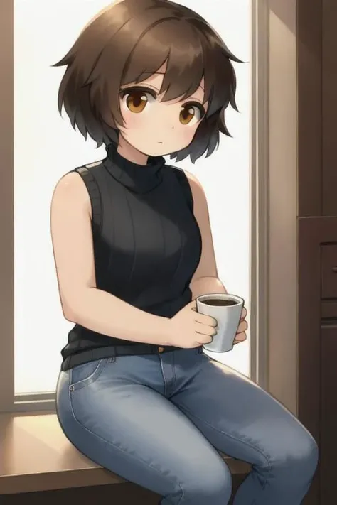 brown short hair, brown eyes, human girl, wearing a sleeveless sweater and short jeans, feeling doubt, drinking a cup