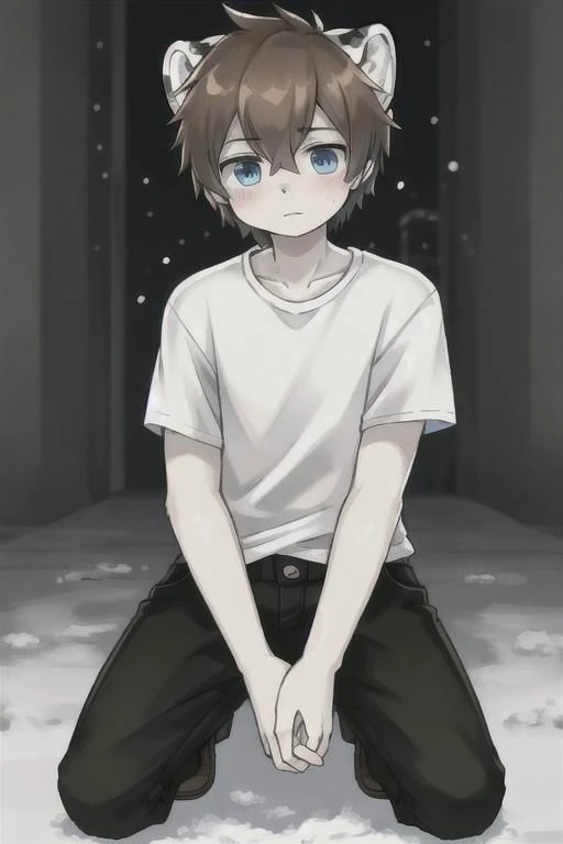 brown hair, blue eyes, a human boy, wearing a shirt and pants, kneeling, skin becomes like white snow leopard, white snow leopard ears, shocking face, white skin