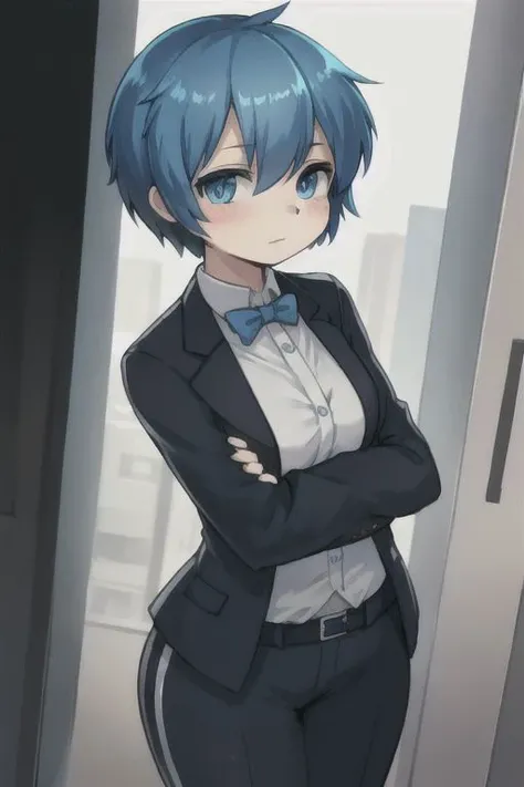 blue short hair,blue eyes,human girl,wear suit