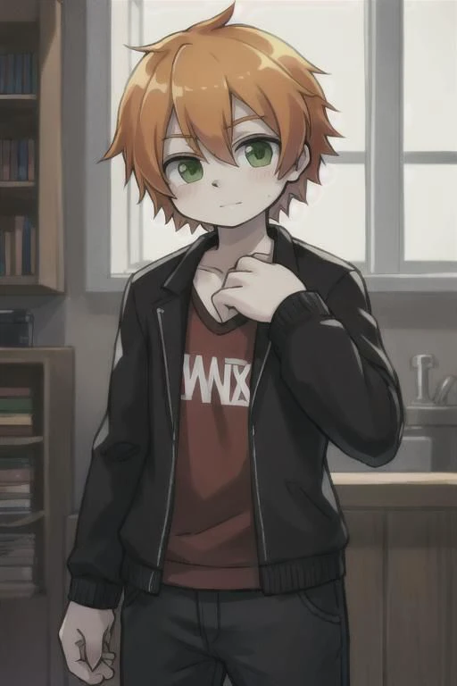 orange hair, green eyes, human boy