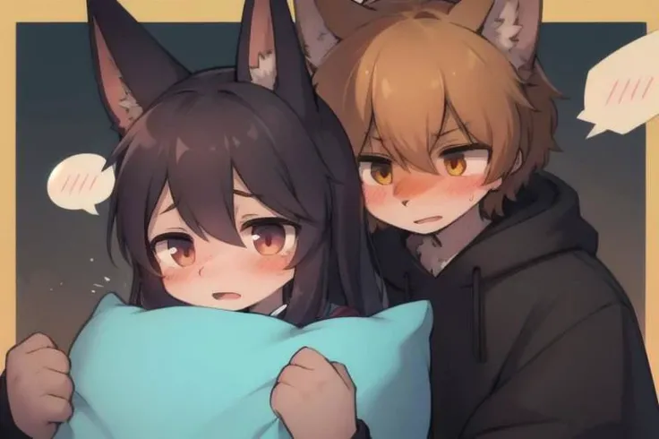 Furry, (girl:1.5), boy, boy behind girl, pillow hug, lying, on stomach, (from behind:1.6), (spoken blush:1.4), (embarassed girl, girl's scared face, scared girl:1.2), smiling boy