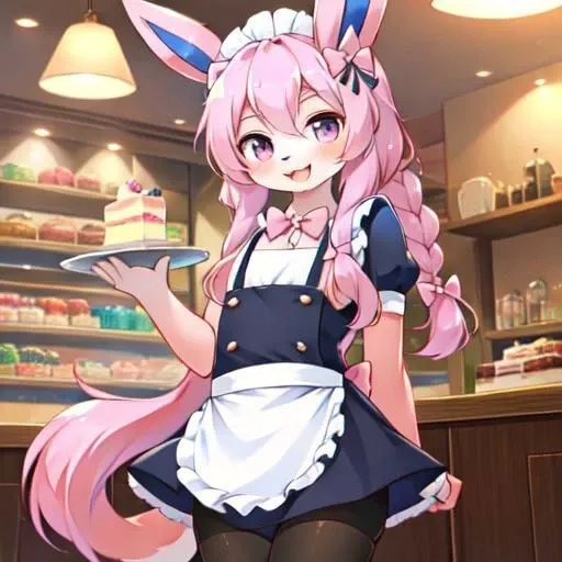 Avatar, portrait, Masterpiece, best quality, perfect anatomy, perfect lighting, perfect focus, vibrant, kawaii, cute, 1boy, solo, adult male, sylveon, anthro, Furry-Eeveelution, otoko no ko, toned, abs, six pack, pecs, single braid, pink bows, skin fang, pink fur, black maid outfit, apron, pantyhose, bulge, cake, standing, smile, :), facing viewer, landscape is a wall in a cafe at an indoor shopping mall