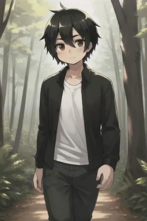 black hair, brown eyes, a human boy, wearing a shirt and pants, walking in the forest