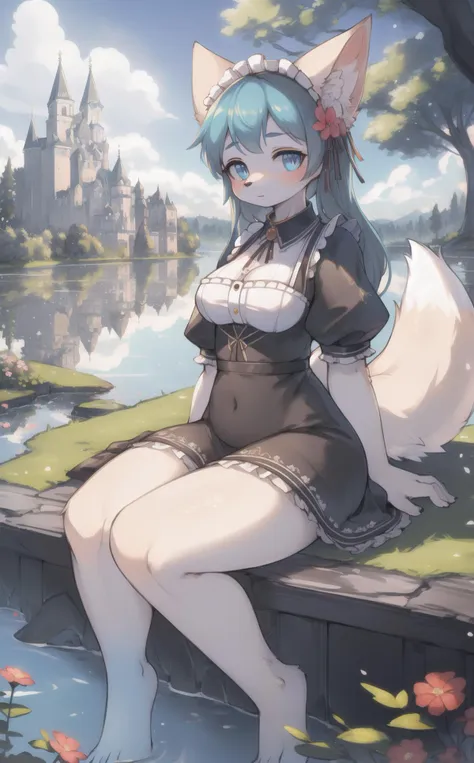 (best quality, high quality:1.1), a female fox in maid uniform, sitting, slim, fluffy, looking at viewer, seductive, pinup, castle, lake, flower, marble, trees, sky, detailed background, by thebigslick, by honovy, by oouna, (by pino daeni:1.1), <lora:fluffyrock-quality-tags-v3.0-vpred>, BREAK masterpiece, best quality, ultra realistic, 4k, 2k, (intricate:1.1), (high detail:1.3), film photography, sharp focus, RAW photo, photorealistic, analog style, subsurface scattering, photorealism, absurd res