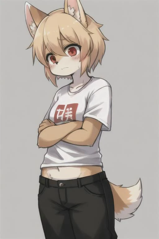 blonde hair, red eyes, human girl, wearing a shirt and pants, standing, skin like brown Welsh Corgi skin, Welsh Corgi tail, painful face