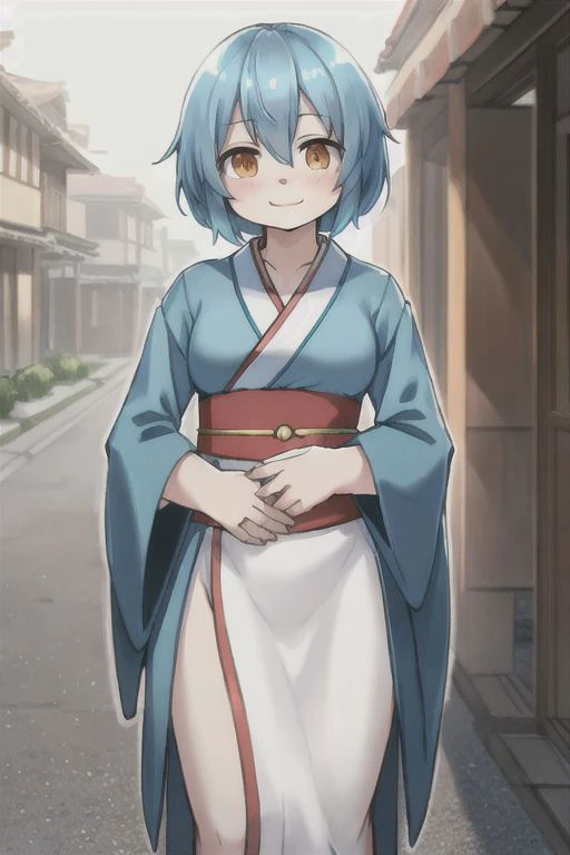light blue hair, orange eyes, human girl, wearing a kimono smiling reluctantly standing holding a fan