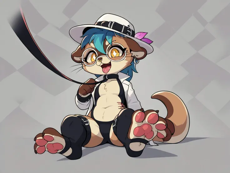 UVA, ((score_9, score_8_up, score_7_up, )), ((source_furry)), solo, ((furry female)), rating_suggestive, webbing, ((dark brown fur)), (furry female, otter), webbed feet, symbol-shaped pupils, W-shaped pupils, webbed hands, small chest, flat black wide beaver tail, yellow eyes, hybrid between an otter and beaver, very long gothic hair, punkish gothic, straps, multiple belts, crossed belts, whiskers, scar on face, burn scar, (big round eyeglasses), grey spots in fur, halftone effect, short, ((gray and blue hair)), young, streaked hair, ((gills)), claws, ((nose ring, )), ((stud earrings, )), digitigrade, ((skin tight black latex bodysuit, lab coat, )), anthro, furry female, furry, depth of field, bandaid on face, bandages, <lora:PDXL-RetroV2:1> retro artstyle,,red_clothing,clothed,mammal,4_fingers,sitting,leash_pull,plant,brown_fur,anthro,ambiguous_gender,flower,pink_hat,dominant_female,tail,hand_on_cheek,first_person_view,moonique,saliva,collar,abstract_background,leashed_pov,pink_clothing,dominant,fingers,otter,saliva_string,leash,tongue_out,pink_headwear,brown_body,berry_ranieri,bottomless,front_view,bodily_fluids,flower_accessory,headgear,tuft,fur,ambiguous_pov,hat,multicolored_body,two_tone_body,flat_chested,clothing,low-angle_view,looking_at_viewer
