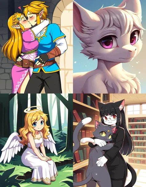 https://civitai.com/articles/5300 ___ All images: score_9, score_8_up, score_7_up ___ 1st image: 1girl, 1boy, Princess_Zelda, \(The_Legend_of_Zelda:_Breath_of_the_Wild\), standing, kiss, hug, closed_eyes ___ 2nd image: 1girl, lovely face, portrait, close-up, looking_at_viewer, closed_mouth ___ 3rd image: 1girl, solo, blonde_hair, wavy_hair, angel, angel_wings, halo, smile, sitting, forest, white_dress ___ 4th Image: 1girl, solo, long_hair, black_hair, blunt_bangs, straight_hair, round_eyewear, cat_girl, cat_ears, cat_tail, standing, hug cat, looking_at_viewer, library