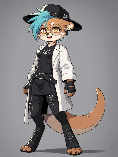 UVA, ((score_9, score_8_up, score_7_up, )), ((source_furry)), solo, ((furry female)), rating_suggestive, webbing, ((dark brown fur)), (furry female, otter), webbed feet, symbol-shaped pupils, W-shaped pupils, webbed hands, small chest, flat black wide beaver tail, yellow eyes, hybrid between an otter and beaver, very long gothic hair, punkish gothic, straps, multiple belts, crossed belts, whiskers, scar on face, burn scar, (big round eyeglasses), grey spots in fur, halftone effect, short, ((gray and blue hair)), young, streaked hair, ((gills)), claws, ((nose ring, )), ((stud earrings, )), digitigrade, ((skin tight black latex bodysuit, lab coat, )), anthro, furry female, furry, depth of field, bandaid on face, bandages, <lora:PDXL-RetroV2:1> retro artstyle,,solo,bodily_fluids,elbow_tuft,amber_eyes,brown_body,simple_background,hat,eyebrow_through_hair,military,hair,translucent,eyelashes,gloves,airplane,short_hair,tuft,breasts,anchor,anthro,teeth,arm_tuft,piercing,headwear,cheek_tuft,eyebrows,brown_hair,sweat,aircraft,shirt,bottomwear,ring_piercing,blush,ear_piercing,tongue,facial_tuft,brown_fur,vehicle,translucent_hair,shoes,ear_ring,mustelid,high_heels,fingerless_gloves,skirt,fur,wireless_shiba