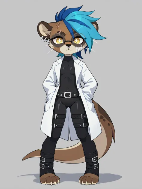 UVA, ((score_9, score_8_up, score_7_up, )), ((source_furry)), solo, ((furry female)), rating_suggestive, webbing, ((dark brown fur)), (furry female, otter), webbed feet, symbol-shaped pupils, W-shaped pupils, webbed hands, small chest, flat black wide beaver tail, yellow eyes, hybrid between an otter and beaver, very long gothic hair, punkish gothic, straps, multiple belts, crossed belts, whiskers, scar on face, burn scar, (big round eyeglasses), grey spots in fur, halftone effect, short, ((gray and blue hair)), young, streaked hair, ((gills)), claws, ((nose ring, )), ((stud earrings, )), digitigrade, ((skin tight black latex bodysuit, lab coat, )), anthro, furry female, furry, depth of field, bandaid on face, bandages, <lora:see-through_body:1>