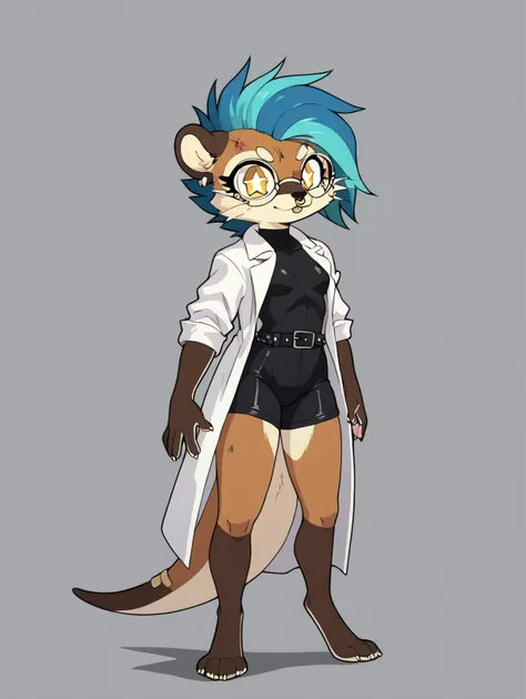 UVA, ((score_9, score_8_up, score_7_up, )), ((source_furry)), solo, ((furry female)), rating_suggestive, webbing, ((dark brown fur)), (furry female, otter), webbed feet, symbol-shaped pupils, W-shaped pupils, webbed hands, small chest, flat black wide beaver tail, yellow eyes, hybrid between an otter and beaver, very long gothic hair, punkish gothic, straps, multiple belts, crossed belts, whiskers, scar on face, burn scar, (big round eyeglasses), grey spots in fur, halftone effect, short, ((gray and blue hair)), young, streaked hair, ((gills)), claws, ((nose ring, )), ((stud earrings, )), digitigrade, ((skin tight black latex bodysuit, lab coat, )), anthro, furry female, furry, depth of field, bandaid on face, bandages, <lora:PDXL-RetroV2:1> retro artstyle,,shirt,bottomwear,hair,lewdchuu_\(artist\),siren,hybrid,star,yellow_body,female,clothing,fish_tail,fingers,mammal,4_fingers,topwear,otter,solo,shorts,white_hair,mustelid,anthro,moon,paws,yellow_eyes