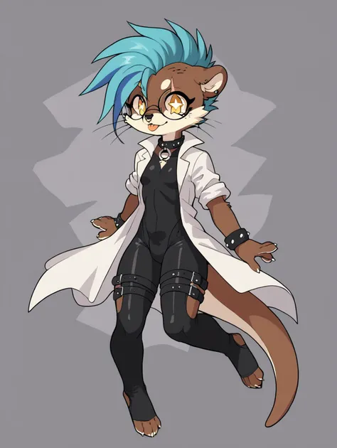UVA, ((score_9, score_8_up, score_7_up, )), ((source_furry)), solo, ((furry female)), rating_suggestive, webbing, ((dark brown fur)), (furry female, otter), webbed feet, symbol-shaped pupils, W-shaped pupils, webbed hands, small chest, flat black wide beaver tail, yellow eyes, hybrid between an otter and beaver, very long gothic hair, punkish gothic, straps, multiple belts, crossed belts, whiskers, scar on face, burn scar, (big round eyeglasses), grey spots in fur, halftone effect, short, ((gray and blue hair)), young, streaked hair, ((gills)), claws, ((nose ring, )), ((stud earrings, )), digitigrade, ((skin tight black latex bodysuit, lab coat, )), anthro, furry female, furry, depth of field, bandaid on face, bandages, <lora:PDXL-RetroV2:1> retro artstyle,,pink_pupils,white_fur,red_eyes,collar,female,solo,lewdchuu_\(artist\),moon,hybrid,otter,mustelid,tongue_out,siren,black_body,pupils,tongue,mammal,white_body,star,fur,anthro