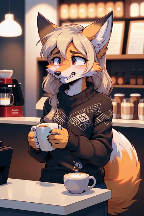 1girl, fox_girl, ((nude)), fixed_grin, gritted teeth, eyes_staring_into_the_middle_distance, sweater, latte, twitching, tired_eyes, holding_back_anger, urge_to_kill_rising,