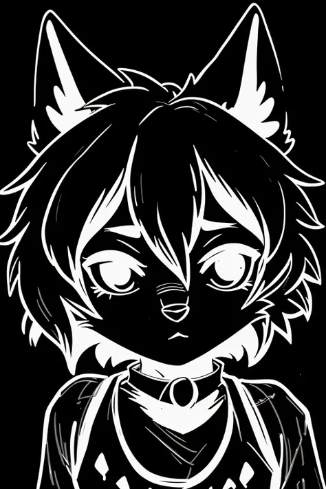 1girl, fox_girl, raver_punk, <lora:n3on - Style:0.8> n3on, monochrome, black background