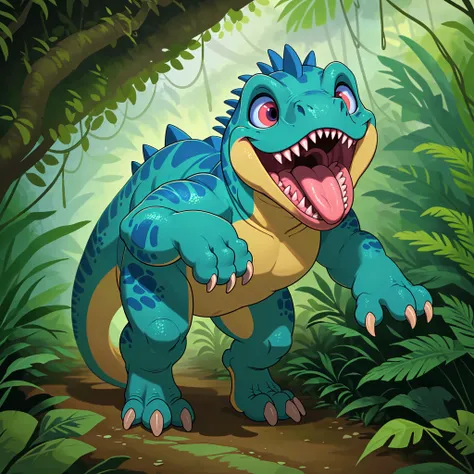 solo, jungle scene, adorable feral bipedal dinosaur, oversized_head, three_toes, vibrant_plumage, open_mouth, tongue, sharp_teeth, ð