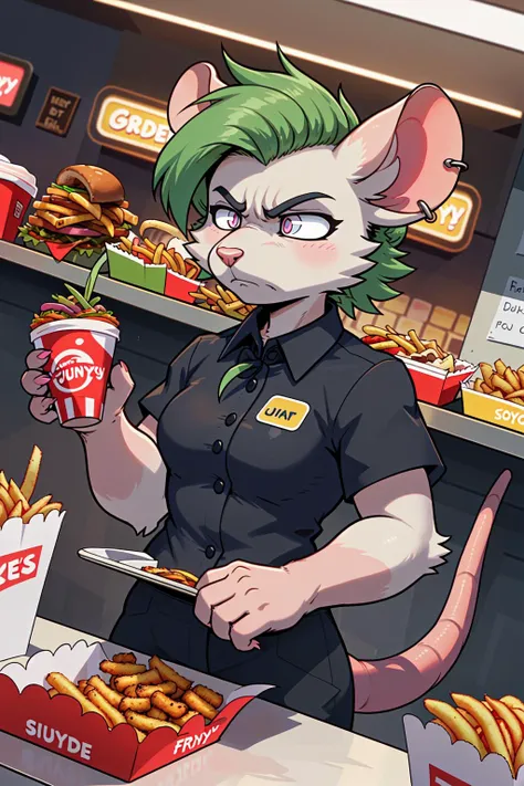 dynamic_angle, line_of_action,
1girl, rat_girl, tired_eyes, undercut_hair, piercings, annoyed_frown, fast_food_employee_behind_counter, huge breasts, nipple outline, cleavage,