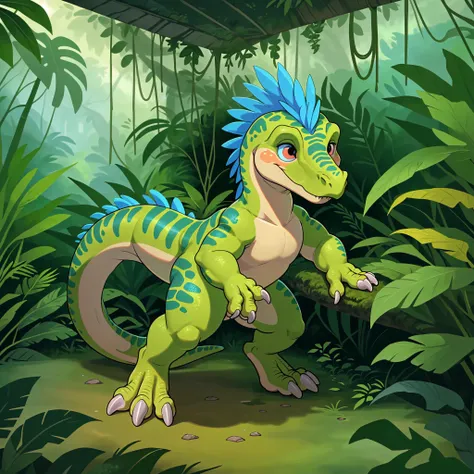 solo, jungle scene, adorable feral bipedal dinosaur, oversized_head, three toes, vibrant_plumage