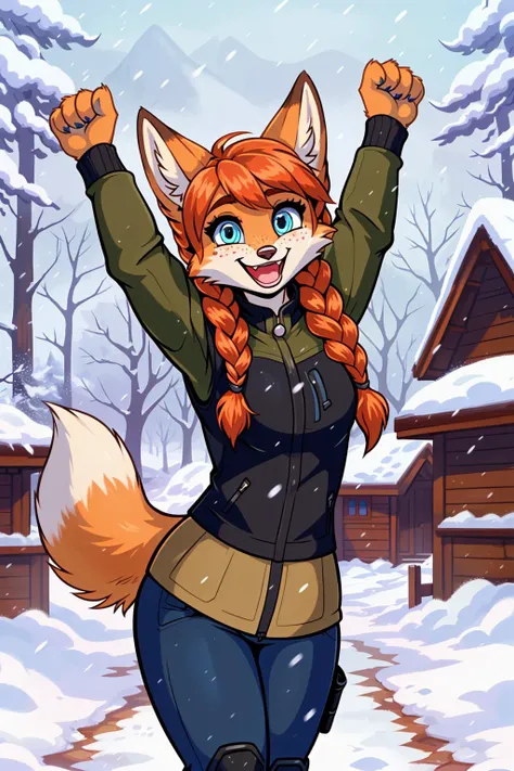 cheerful_excited_pose,
(blizzard:1.2), sleet, hail,
1girl, red_fox_girl, <lora:anna:0.7> anna, blue eyes, freckles, twin braids, orange hair, dressed in winter_tactical_gear,