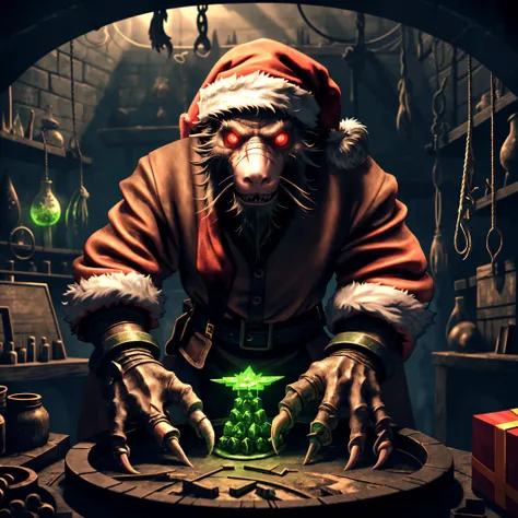 atmospheric lighting, intricate detail, uhd 8k, hdr, Skaven (Santa_Claus) in a hellish medieval laboratory making a toy from green crystals, dark, gritty, misshapen presents, torture implements, scars, torn flesh with grafted metal plates, glowing red eyes, [same_number_of_fingers_on_each_hand]