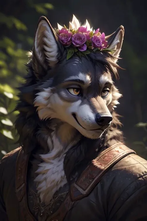 cosmic flowers, flower crown, portrait, male, wolf, black fur, anthro, tunic, illustration, insanely detailed octane rendering trending on artstation, 8k art photography, photorealistic concept