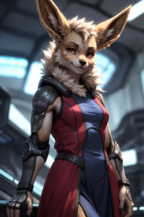 dreamy young muscular cute noble eevee, tomboy female, looking at viewer, looking intrigued, seductive smile, detailed eyes, medium breasts covered, wearing elegant sci-fi dress, colorful dress, (bionic skin implants:1.1), detailed fur, realistic fur, realistic photo, detailed background, theme science fiction fantasy, deus_ex, (mass effect:0.6), <lora:Furtastic_Detailer:0.5>