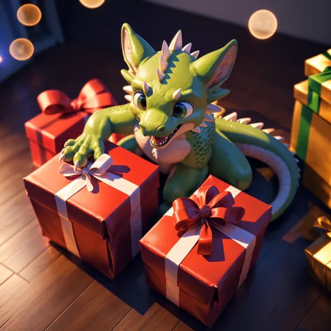 (above shot), bokeh, incredibly detailed, realistic, photo, 3D Modeled, UHD 8k, HDR, solo, masterpiece quality, ((tiny:1.5)) (adorable|cute) happy green dragon sitting fully ((inside)) a (large) (opened) (gift|present), gift wrapping, open mouth, "Rawr!"