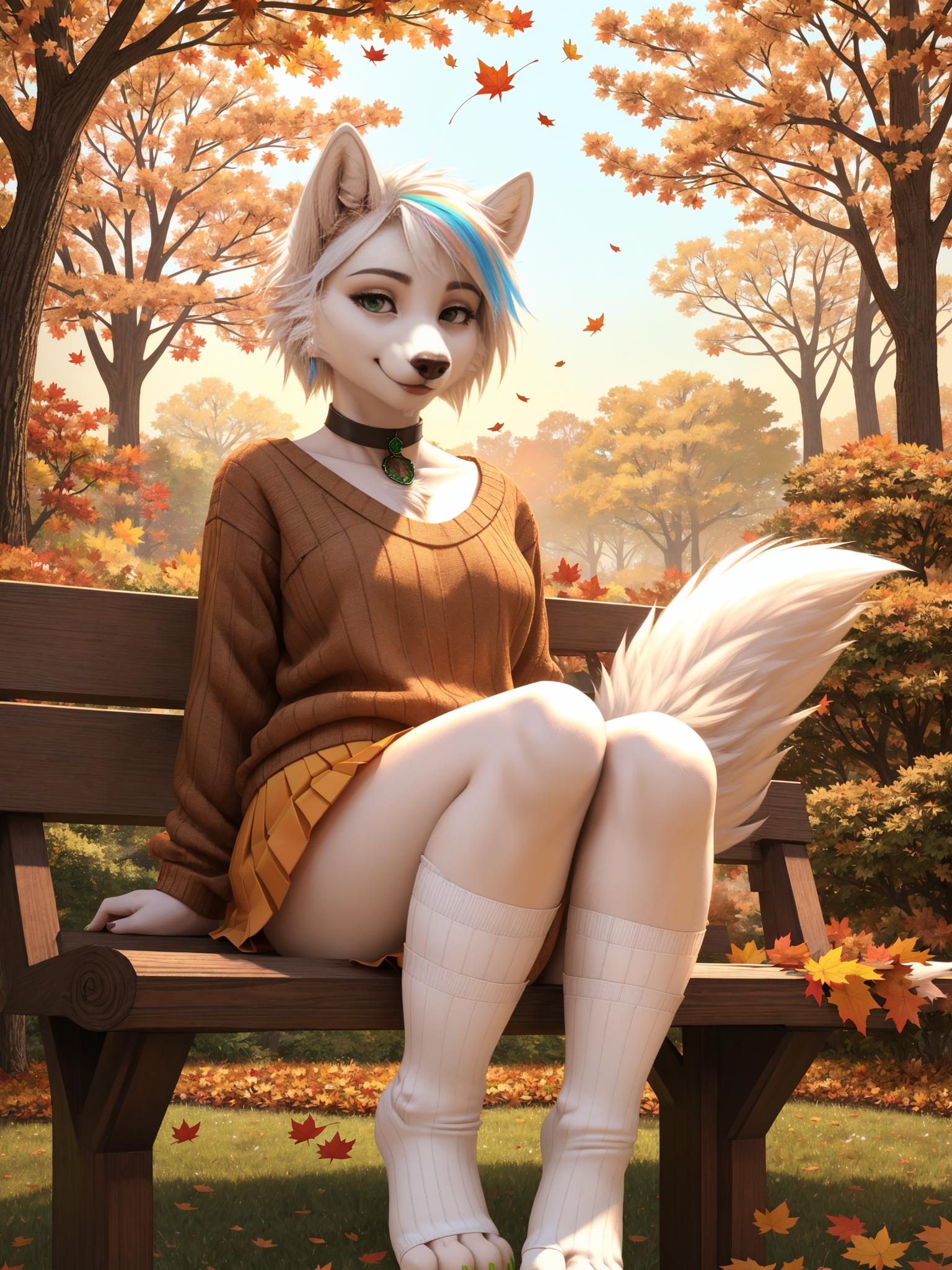 Araffe sitting on a bench in a park with leaves flying around - SeaArt AI