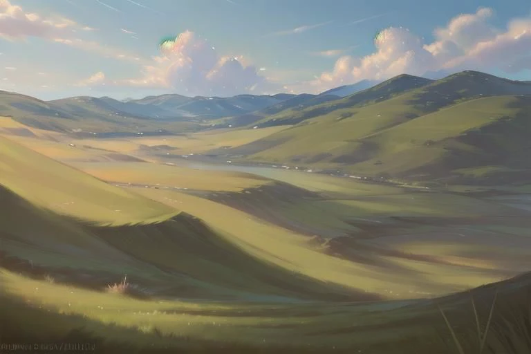 ((((landscape, nature, zero pictured, rolling hills, long grass, clouds, grass, prairie)))), ((by Pino Daeni, by Ruan Jia, by Fumiko, by Levelviolet, by Supplesee)), outside,