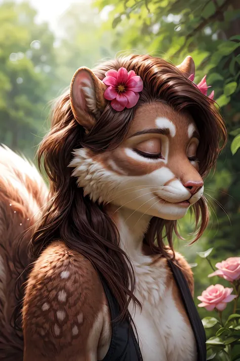 dreamy young muscular (squirrel lady:1.2), closed eyes, hair flowers, realistic fur, whiskers, realistic photo, <lora:Furtastic_Detailer:1>