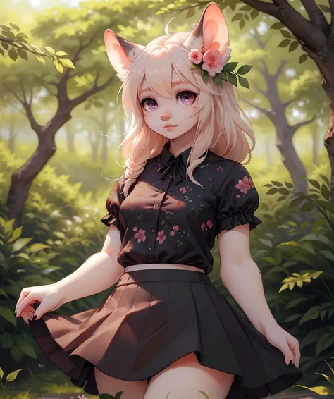 (best quality, masterpiece:1.1), SFW, 1 girl, woodland nymph, layered tulle skirts, blouse, floral accents, shallow depth of field, sharp focus