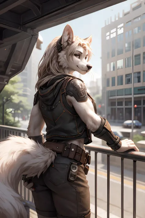 rear view, dreamy young muscular cute adventurer duck female, tomboy, looking back at viewer, half-closed eyes, detailed eyes, whiskers, medium breasts covered, wearing sleeveless spacejacket and velvet bra, bionic implants, utility belt and belt, fluffy tail, detailed fur, realistic fur, (leaning against railing:1.2), realistic photo, detailed background, theme science fiction, deus_ex, <lora:Furtastic_Detailer:0.5>
