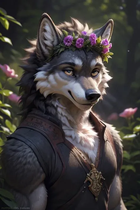 cosmic flowers, flower crown, portrait, male, wolf, black fur, anthro, tunic, illustration, insanely detailed octane rendering trending on artstation, 8k art photography, photorealistic concept
