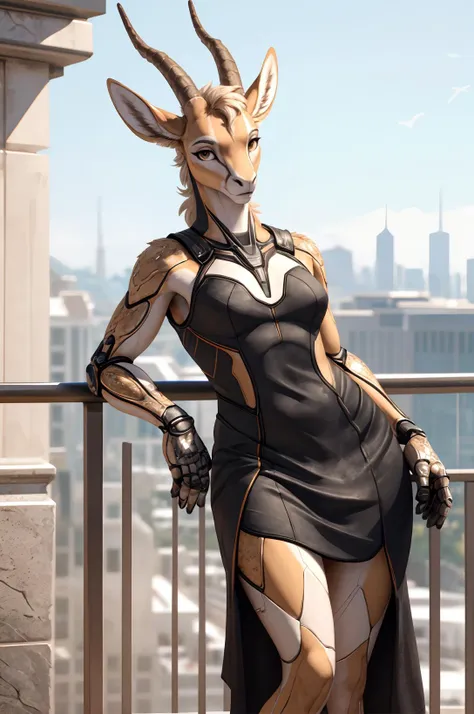 dreamy young muscular cute noble (exotic gazelle girl:1.2), tomboy female, looking at viewer, looking intrigued, detailed eyes, medium breasts covered, wearing elegant spacedress, (bionic skin implants:1.2), detailed fur, realistic feathers, colorful fur, (leaning against railing:1.2), realistic photo, detailed background, theme science fiction, deus_ex, (mass effect:0.6),  <lora:Furtastic_Detailer:0.5>