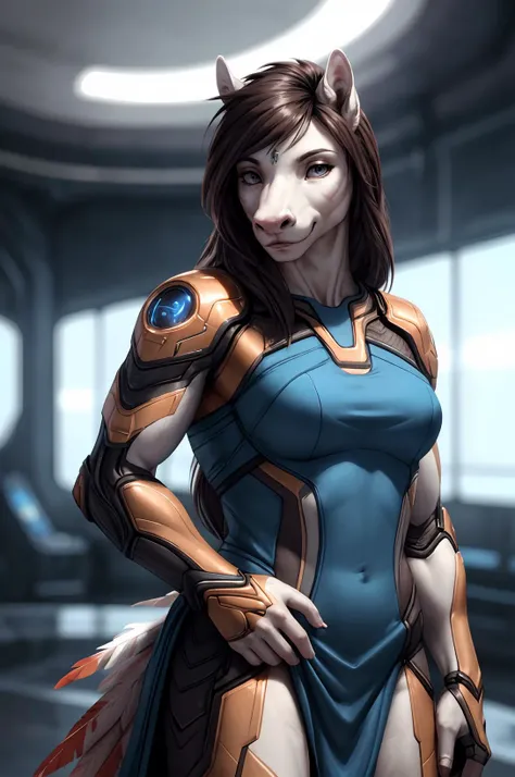 dreamy young muscular cute noble horse girl, tomboy female, looking at viewer, looking intrigued, detailed eyes, medium breasts covered, wearing elegant sci-fi dress, colorful dress, (bionic skin implants:1.1), detailed fur, realistic feathers, seductive smile, realistic photo, detailed background, theme science fiction fantasy, deus_ex, (mass effect:0.6), <lora:Furtastic_Detailer:0.5>
