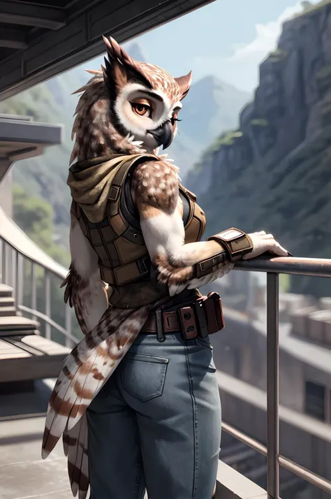 rear view, dreamy young muscular cute adventurer (owl female:1.2), tomboy, looking back at viewer, half-closed eyes, detailed eyes, whiskers, medium breasts covered, wearing sleeveless spacejacket and velvet bra, bionic implants, utility belt and belt, detailed feathers, realistic feathers, (leaning against railing:1.2), realistic photo, detailed background, theme science fiction, deus_ex, <lora:Furtastic_Detailer:0.5>