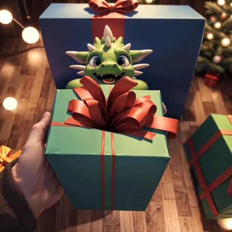 (above shot), bokeh, incredibly detailed, realistic, photo, 3D Modeled, UHD 8k, HDR, solo, masterpiece quality, ((tiny:1.5)) adorable cute happy green dragon ((inside)) a (large) (opened) (gift|present), gift wrapping, open mouth, "Rawr!"
