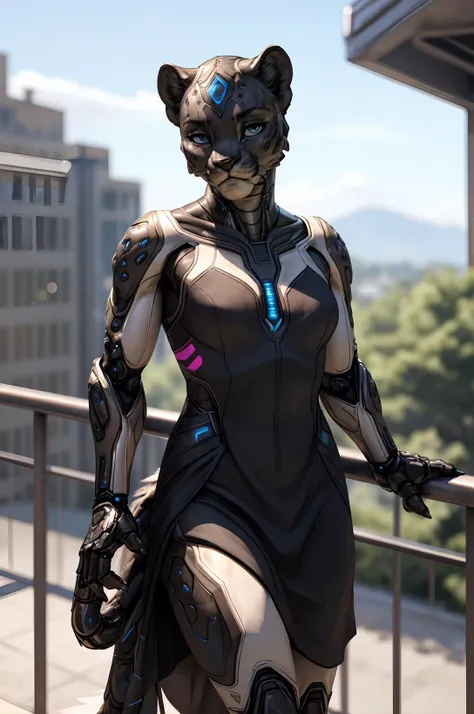 dreamy young muscular cute noble (black_panther girl:1.2), tomboy female, looking at viewer, looking intrigued, detailed eyes, medium breasts covered, wearing elegant spacedress, (bionic skin implants:1.2), detailed fur, realistic feathers, colorful fur, (leaning against railing:1.2), realistic photo, detailed background, theme science fiction, deus_ex, (mass effect:0.6), <lora:Furtastic_Detailer:0.5>