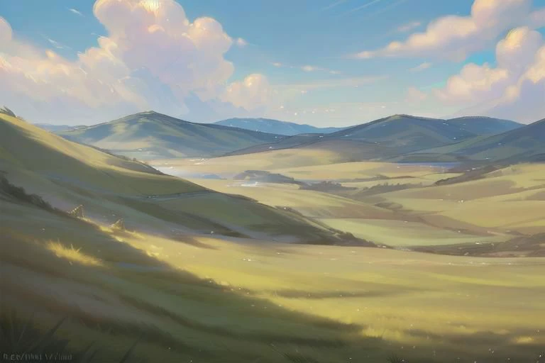 ((((landscape, nature, zero pictured, rolling hills, long grass, clouds, grass, prairie)))), ((by Pino Daeni, by Ruan Jia, by Fumiko, by Levelviolet, by Supplesee)), outside,