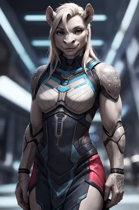 dreamy young muscular cute noble rhinoceros girl, tomboy female, looking at viewer, looking intrigued, detailed eyes, medium breasts covered, wearing elegant sci-fi dress, colorful dress, (bionic skin implants:1.1), detailed fur, realistic feathers, seductive smile, realistic photo, detailed background, theme science fiction fantasy, deus_ex, (mass effect:0.6), <lora:Furtastic_Detailer:0.5>