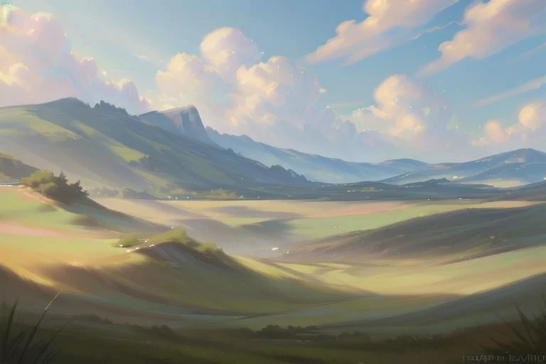 ((((landscape, nature, zero pictured, rolling hills, long grass, clouds, grass, prairie)))), ((by Pino Daeni, by Ruan Jia, by Fumiko, by Levelviolet, by Supplesee)), outside,