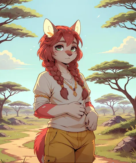 (best quality, masterpiece:1.1), SFW, 1 Girl, (Mauritian:1.2), (green french braid hairstyle), yellow trousers, spinel jewelry, Hauberk accents, glowing pupils, dark grey eyes, peaceful expression, savanna background, flat colors, cel shading, hard shadows,